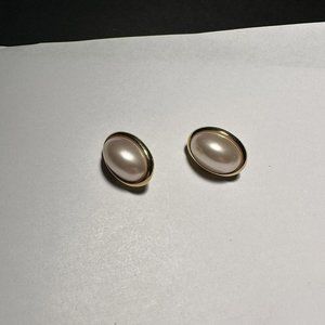 Signed Trifari Clip On Gold Tone / Pink Faux pearl Earrings